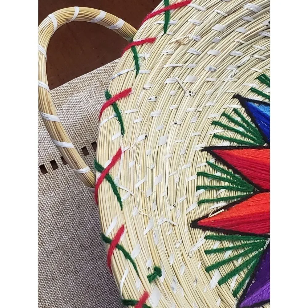 Handwoven Basket With Handles Colorful Embroidered